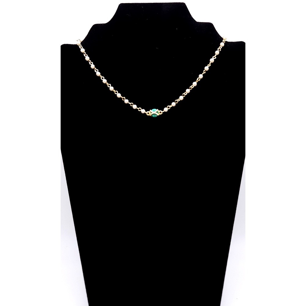 Signed Hobe Vintage Faux Pearl Station Necklace Green Cabochon Gold Tone